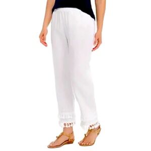 Rachel Zoe Linen Pants White Elastic Waist Double Row Tassels Women's M.